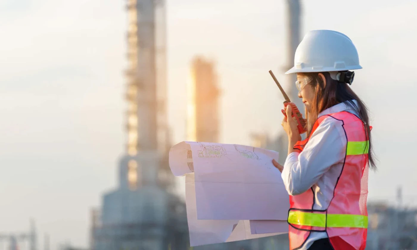 female construction worker with hearing protection