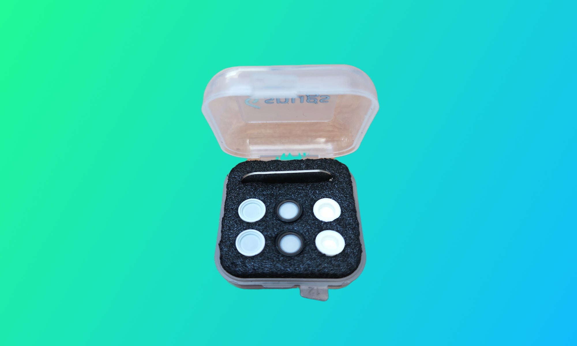 Filter case back on blue teal background