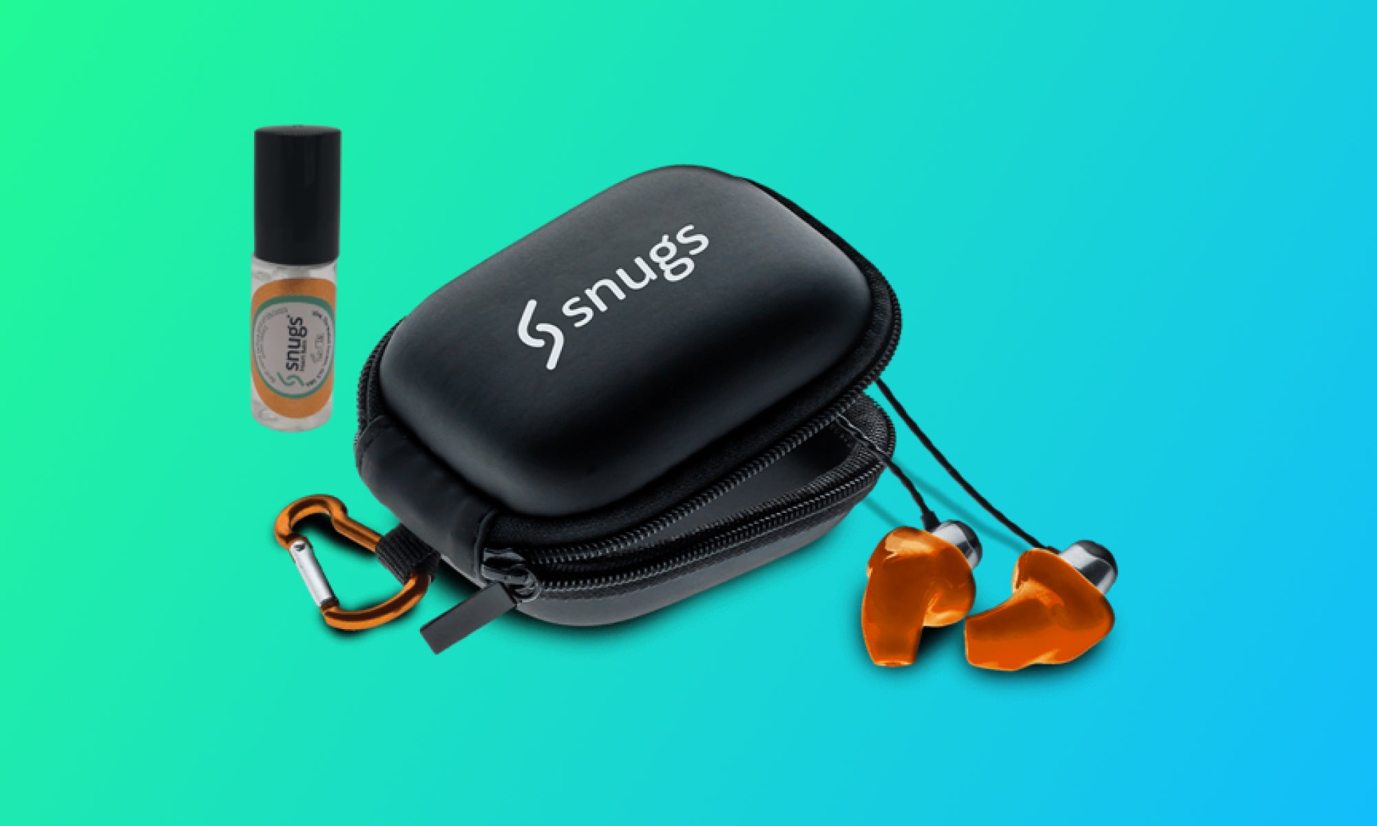 Black earbud case with 'snugs' branding, orange earbuds, and a small bottle on a teal background