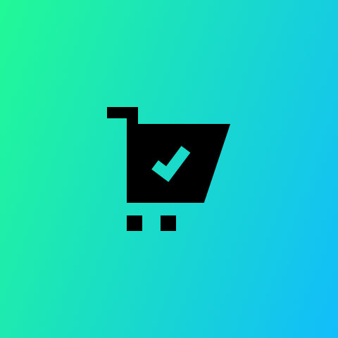 Black shopping cart icon with a check mark on a gradient green to blue background