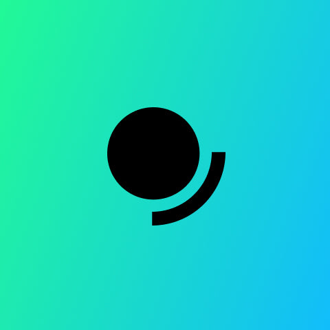 Black circular logo on a gradient green to blue background